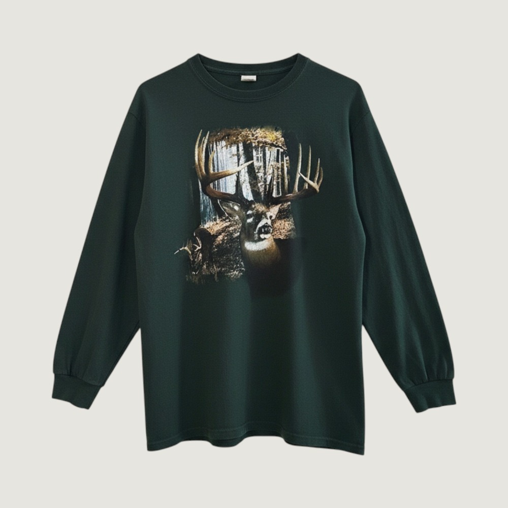 Jerzees Heavyweight Blend Forest Green Deer Graphic Long Sleeve T-Shirt 2XLarge